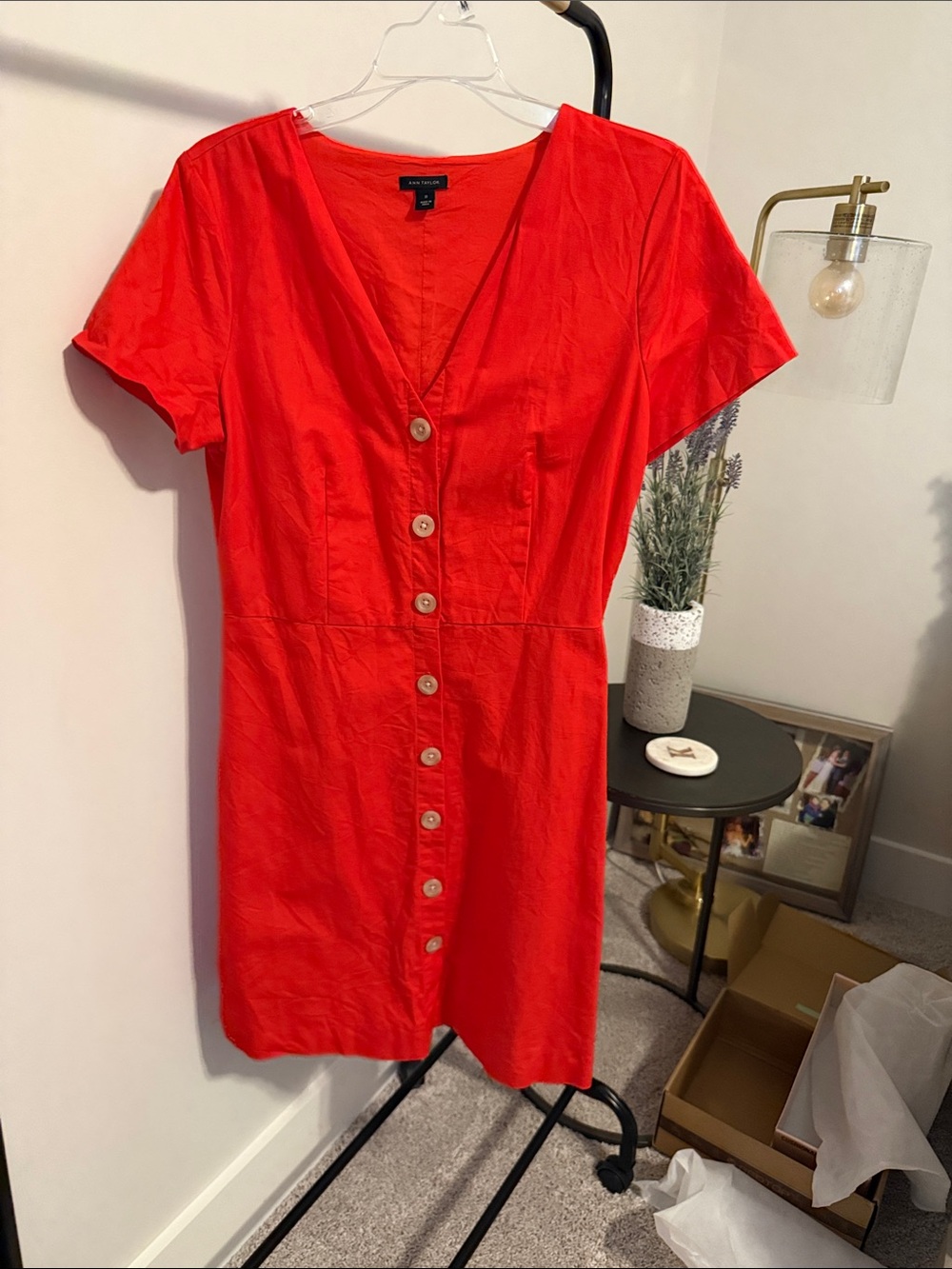 Ann Taylor Linen Button-Front Short Sleeve Dress in Red